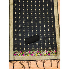 Mayawye Women's Banarasi Silk Printed Unstitched Salwar Suit Material With Dupatta (Black, 3Mtrs)