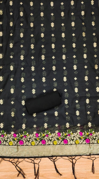 Mayawye Women's Banarasi Silk Printed Unstitched Salwar Suit Material With Dupatta (Black, 3Mtrs)