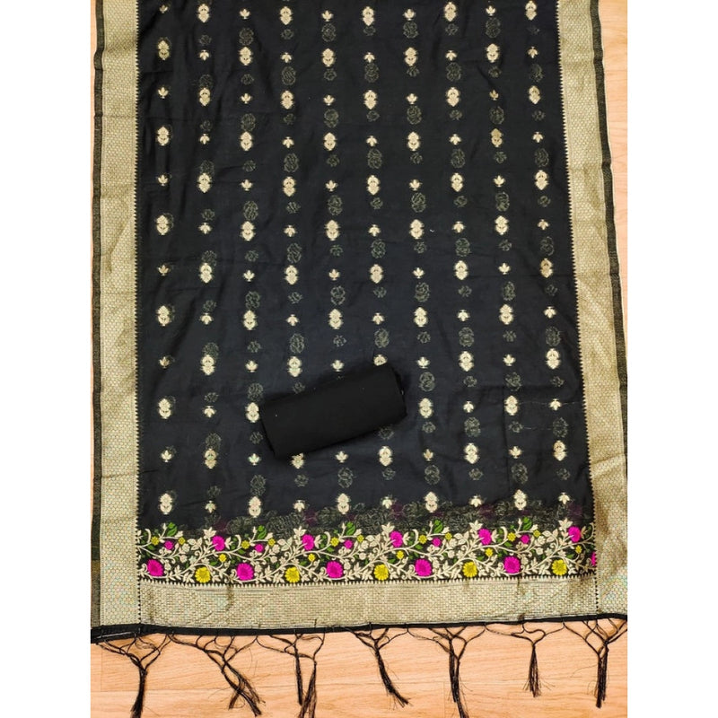 Mayawye Women's Banarasi Silk Printed Unstitched Salwar Suit Material With Dupatta (Black, 3Mtrs)