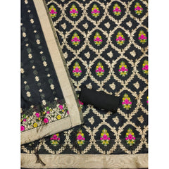 Mayawye Women's Banarasi Silk Printed Unstitched Salwar Suit Material With Dupatta (Black, 3Mtrs)