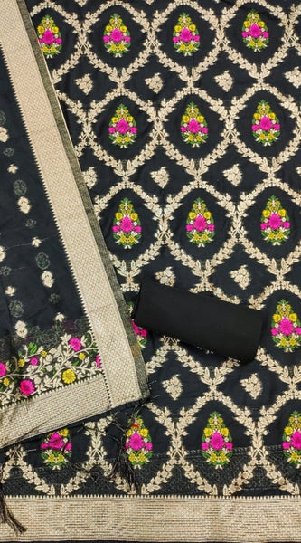 Mayawye Women's Banarasi Silk Printed Unstitched Salwar Suit Material With Dupatta (Black, 3Mtrs)