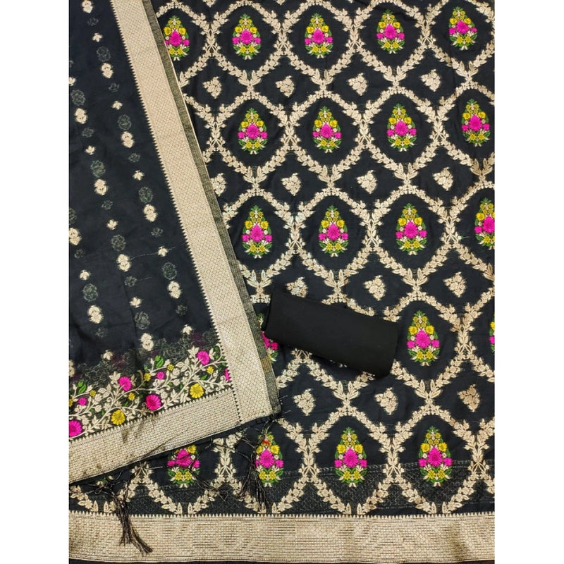 Mayawye Women's Banarasi Silk Printed Unstitched Salwar Suit Material With Dupatta (Black, 3Mtrs)