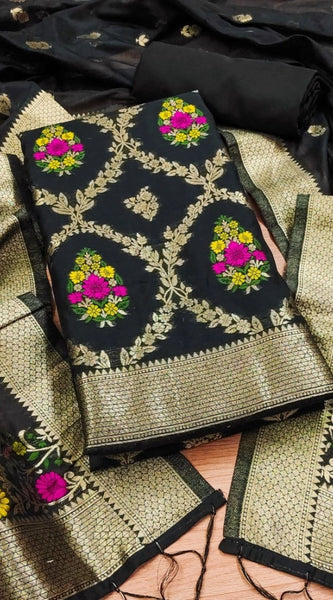 Mayawye Women's Banarasi Silk Printed Unstitched Salwar Suit Material With Dupatta (Black, 3Mtrs)