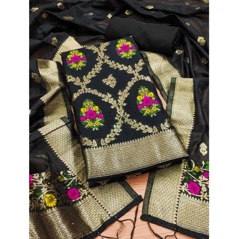 Mayawye Women's Banarasi Silk Printed Unstitched Salwar Suit Material With Dupatta (Black, 3Mtrs)