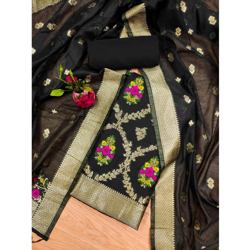 Mayawye Women's Banarasi Silk Printed Unstitched Salwar Suit Material With Dupatta (Black, 3Mtrs)