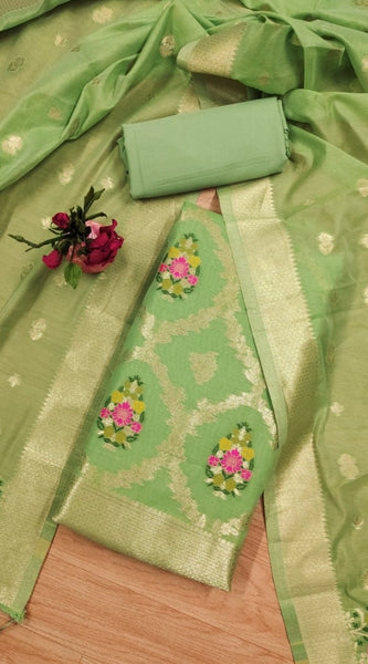 Mayawye Women's Banarasi Silk Printed Unstitched Salwar Suit Material With Dupatta (Pista, 3Mtrs)