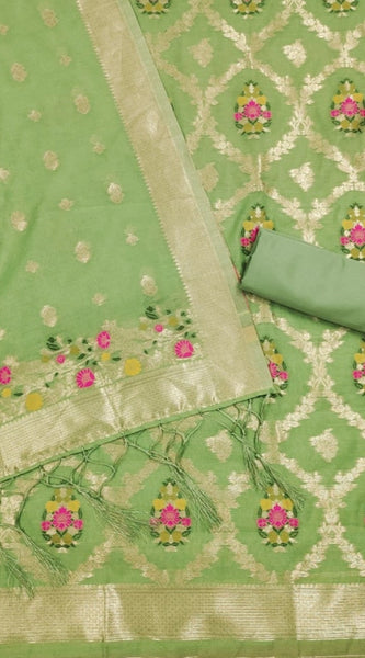 Mayawye Women's Banarasi Silk Printed Unstitched Salwar Suit Material With Dupatta (Pista, 3Mtrs)