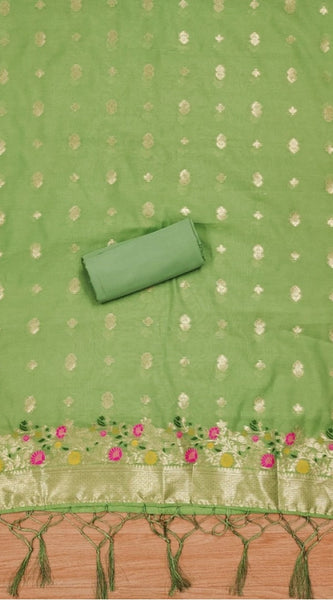 Mayawye Women's Banarasi Silk Printed Unstitched Salwar Suit Material With Dupatta (Pista, 3Mtrs)