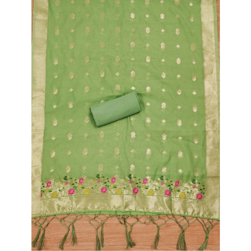 Mayawye Women's Banarasi Silk Printed Unstitched Salwar Suit Material With Dupatta (Pista, 3Mtrs)