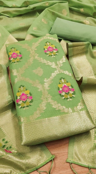 Mayawye Women's Banarasi Silk Printed Unstitched Salwar Suit Material With Dupatta (Pista, 3Mtrs)