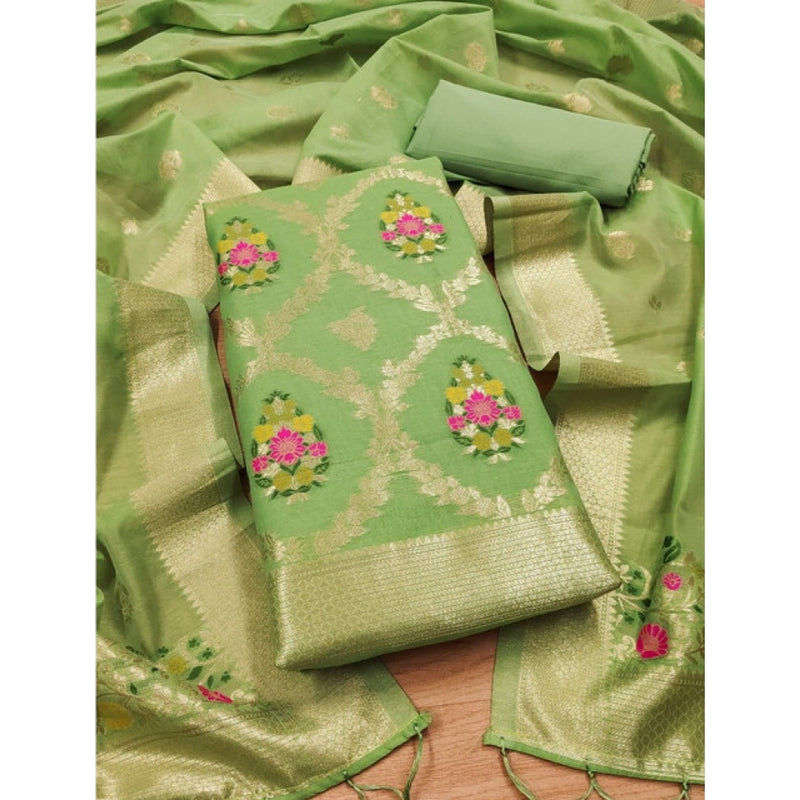 Mayawye Women's Banarasi Silk Printed Unstitched Salwar Suit Material With Dupatta (Pista, 3Mtrs)