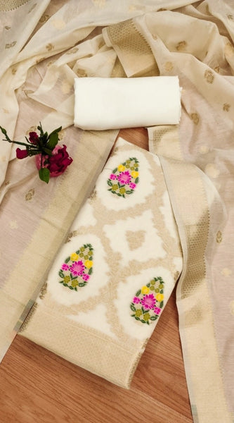 Mayawye Women's Banarasi Silk Printed Unstitched Salwar Suit Material With Dupatta (White, 3Mtrs)