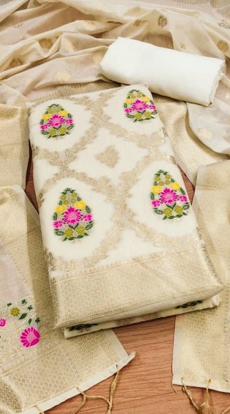 Mayawye Women's Banarasi Silk Printed Unstitched Salwar Suit Material With Dupatta (White, 3Mtrs)