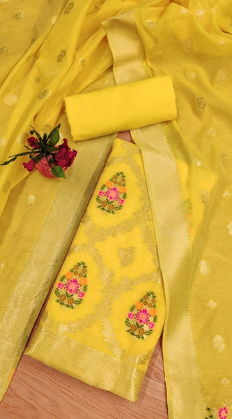 Mayawye Women's Banarasi Silk Printed Unstitched Salwar Suit Material With Dupatta (Yellow, 3Mtrs)