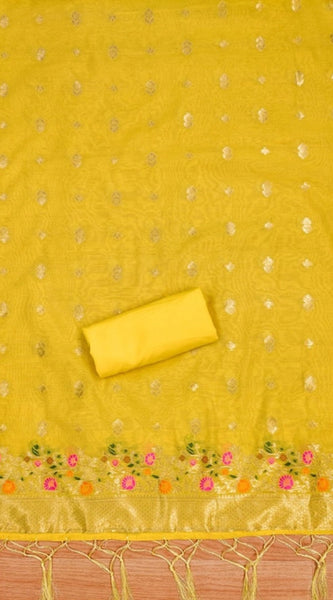 Mayawye Women's Banarasi Silk Printed Unstitched Salwar Suit Material With Dupatta (Yellow, 3Mtrs)