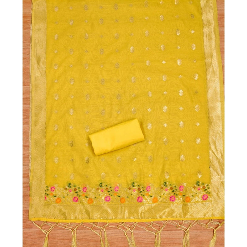 Mayawye Women's Banarasi Silk Printed Unstitched Salwar Suit Material With Dupatta (Yellow, 3Mtrs)