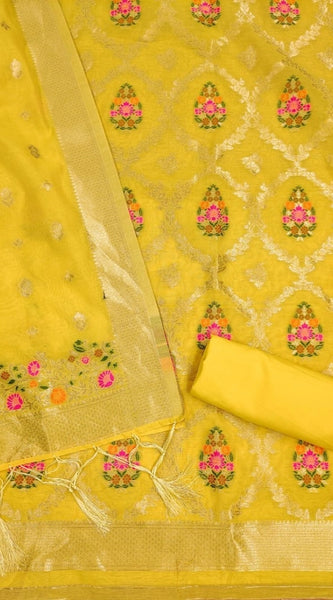 Mayawye Women's Banarasi Silk Printed Unstitched Salwar Suit Material With Dupatta (Yellow, 3Mtrs)