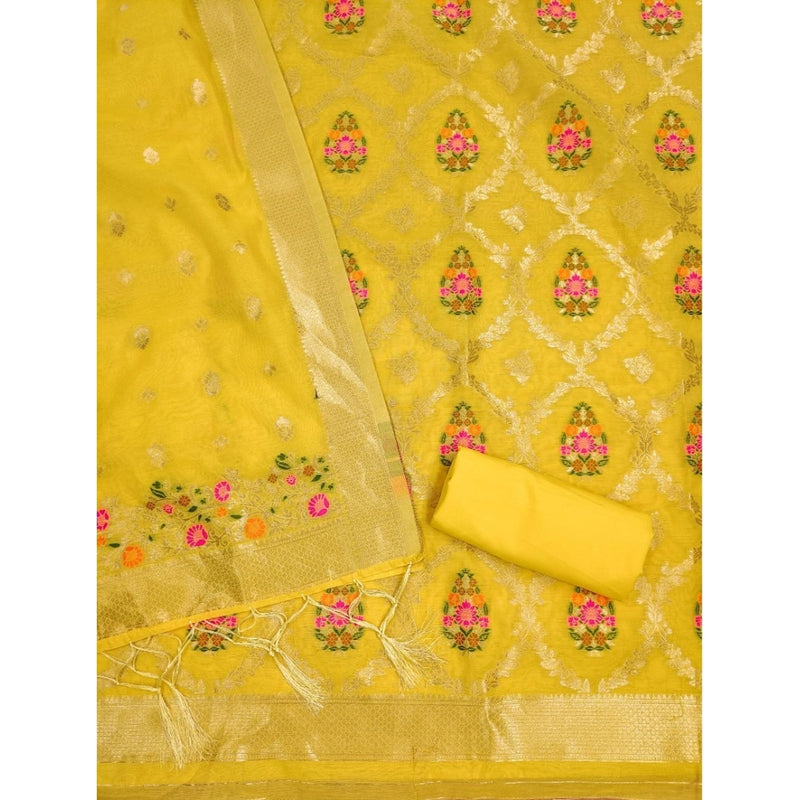 Mayawye Women's Banarasi Silk Printed Unstitched Salwar Suit Material With Dupatta (Yellow, 3Mtrs)