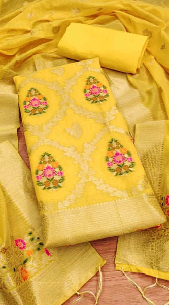 Mayawye Women's Banarasi Silk Printed Unstitched Salwar Suit Material With Dupatta (Yellow, 3Mtrs)