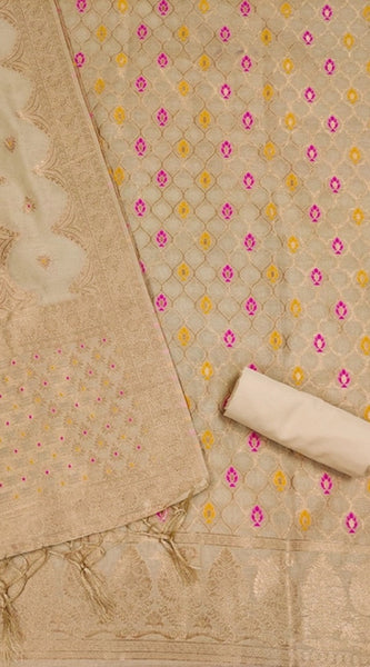 Mayawye Women's Banarasi Silk Printed Unstitched Salwar Suit Material With Dupatta (Cream, 3Mtrs)