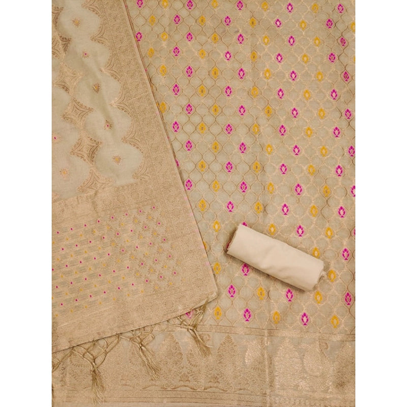 Mayawye Women's Banarasi Silk Printed Unstitched Salwar Suit Material With Dupatta (Cream, 3Mtrs)