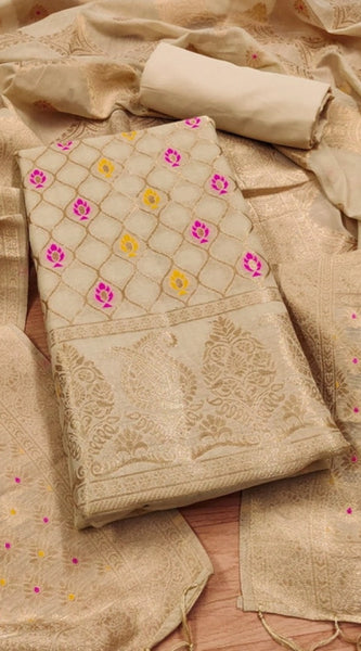 Mayawye Women's Banarasi Silk Printed Unstitched Salwar Suit Material With Dupatta (Cream, 3Mtrs)