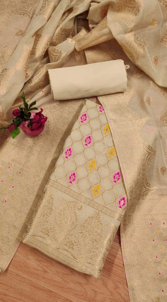 Mayawye Women's Banarasi Silk Printed Unstitched Salwar Suit Material With Dupatta (Cream, 3Mtrs)