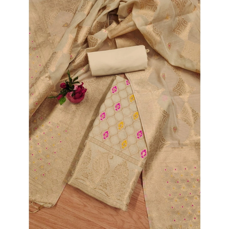 Mayawye Women's Banarasi Silk Printed Unstitched Salwar Suit Material With Dupatta (Cream, 3Mtrs)