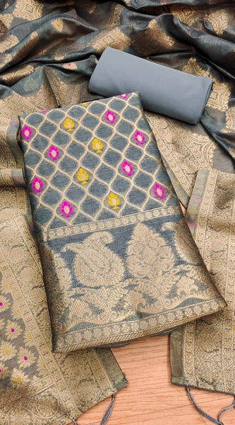 Mayawye Women's Banarasi Silk Printed Unstitched Salwar Suit Material With Dupatta (Grey, 3Mtrs)