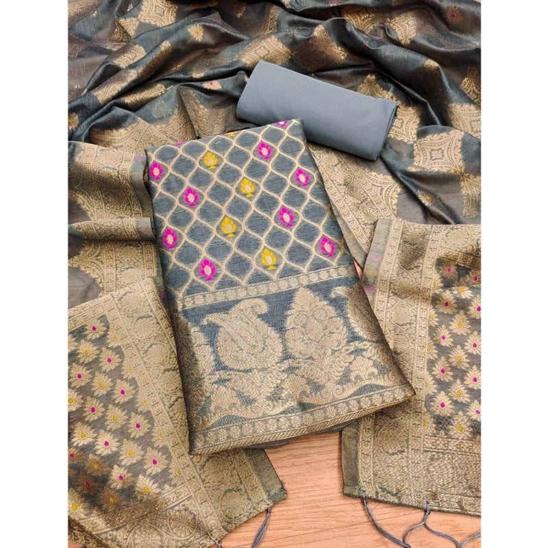 Mayawye Women's Banarasi Silk Printed Unstitched Salwar Suit Material With Dupatta (Grey, 3Mtrs)