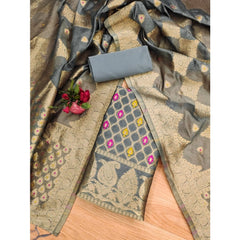 Mayawye Women's Banarasi Silk Printed Unstitched Salwar Suit Material With Dupatta (Grey, 3Mtrs)