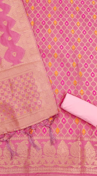 Mayawye Women's Banarasi Silk Printed Unstitched Salwar Suit Material With Dupatta (Pink, 3Mtrs)