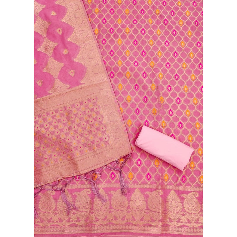 Mayawye Women's Banarasi Silk Printed Unstitched Salwar Suit Material With Dupatta (Pink, 3Mtrs)