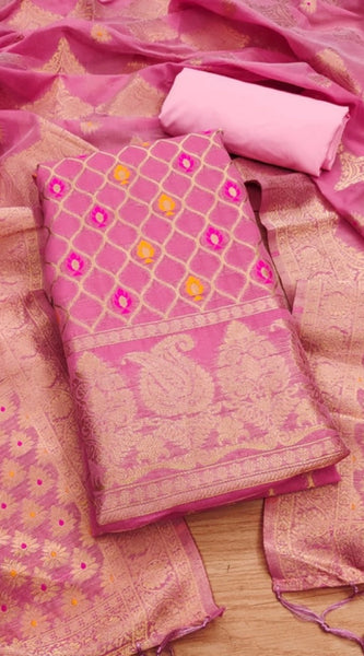 Mayawye Women's Banarasi Silk Printed Unstitched Salwar Suit Material With Dupatta (Pink, 3Mtrs)