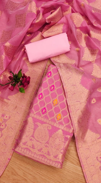 Mayawye Women's Banarasi Silk Printed Unstitched Salwar Suit Material With Dupatta (Pink, 3Mtrs)