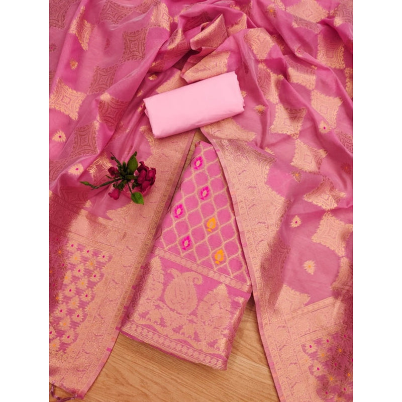 Mayawye Women's Banarasi Silk Printed Unstitched Salwar Suit Material With Dupatta (Pink, 3Mtrs)