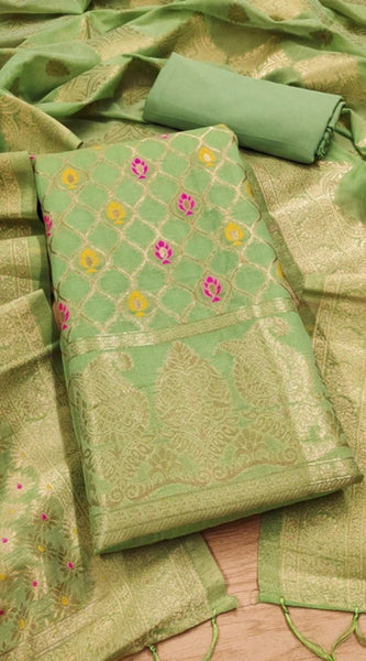 Mayawye Women's Banarasi Silk Printed Unstitched Salwar Suit Material With Dupatta (Pista, 3Mtrs)