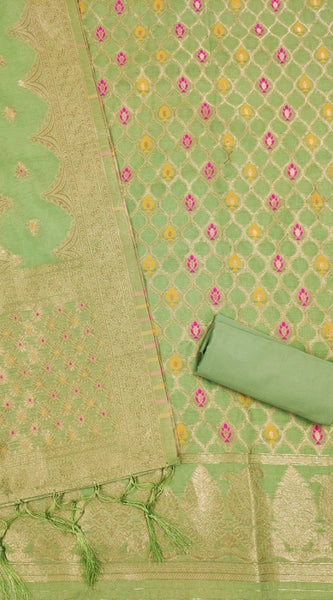 Mayawye Women's Banarasi Silk Printed Unstitched Salwar Suit Material With Dupatta (Pista, 3Mtrs)