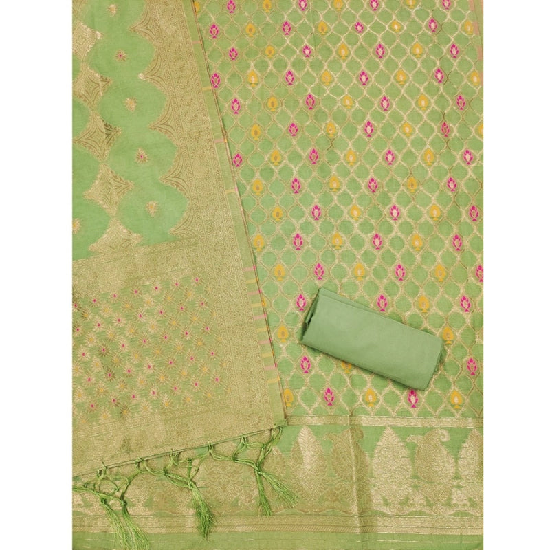 Mayawye Women's Banarasi Silk Printed Unstitched Salwar Suit Material With Dupatta (Pista, 3Mtrs)