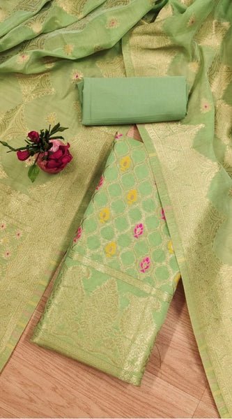 Mayawye Women's Banarasi Silk Printed Unstitched Salwar Suit Material With Dupatta (Pista, 3Mtrs)