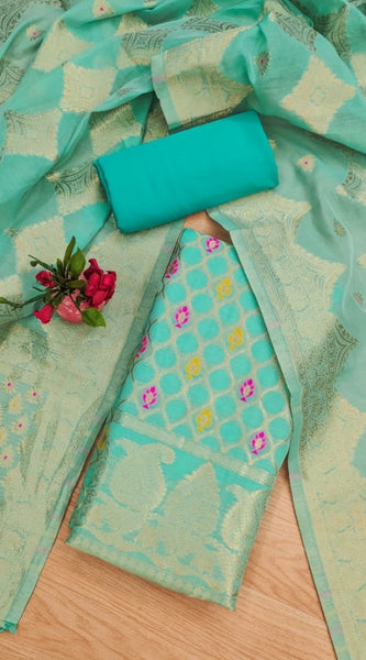 Mayawye Women's Banarasi Silk Printed Unstitched Salwar Suit Material With Dupatta (sea green, 3Mtrs)