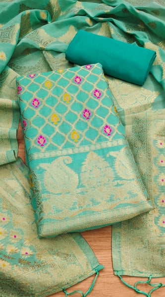 Mayawye Women's Banarasi Silk Printed Unstitched Salwar Suit Material With Dupatta (sea green, 3Mtrs)