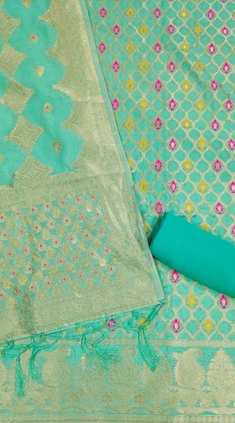 Mayawye Women's Banarasi Silk Printed Unstitched Salwar Suit Material With Dupatta (sea green, 3Mtrs)