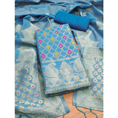 Mayawye Women's Banarasi Silk Printed Unstitched Salwar Suit Material With Dupatta (Sky Blue, 3Mtrs)