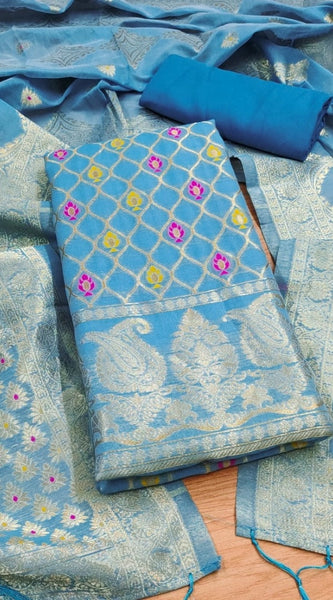 Mayawye Women's Banarasi Silk Printed Unstitched Salwar Suit Material With Dupatta (Sky Blue, 3Mtrs)