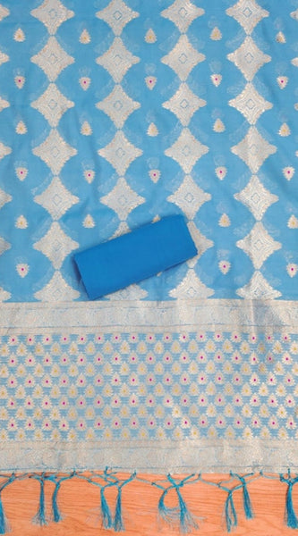 Mayawye Women's Banarasi Silk Printed Unstitched Salwar Suit Material With Dupatta (Sky Blue, 3Mtrs)