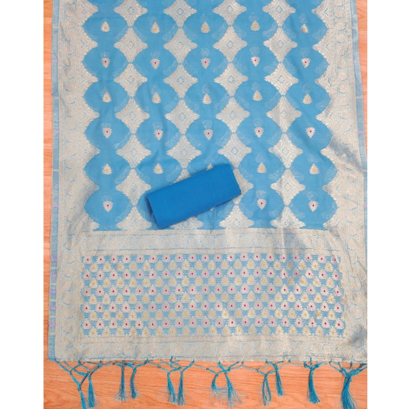 Mayawye Women's Banarasi Silk Printed Unstitched Salwar Suit Material With Dupatta (Sky Blue, 3Mtrs)