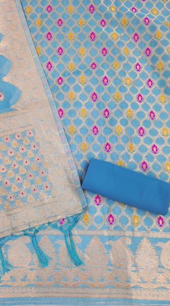 Mayawye Women's Banarasi Silk Printed Unstitched Salwar Suit Material With Dupatta (Sky Blue, 3Mtrs)