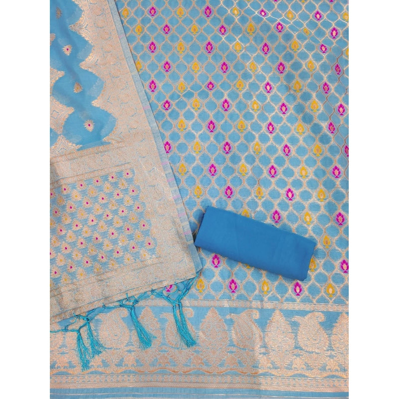 Mayawye Women's Banarasi Silk Printed Unstitched Salwar Suit Material With Dupatta (Sky Blue, 3Mtrs)