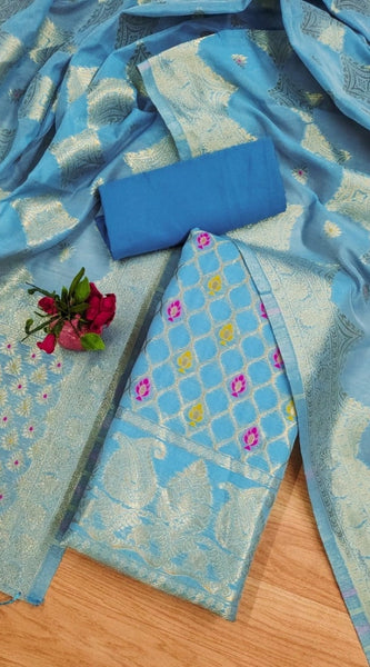 Mayawye Women's Banarasi Silk Printed Unstitched Salwar Suit Material With Dupatta (Sky Blue, 3Mtrs)